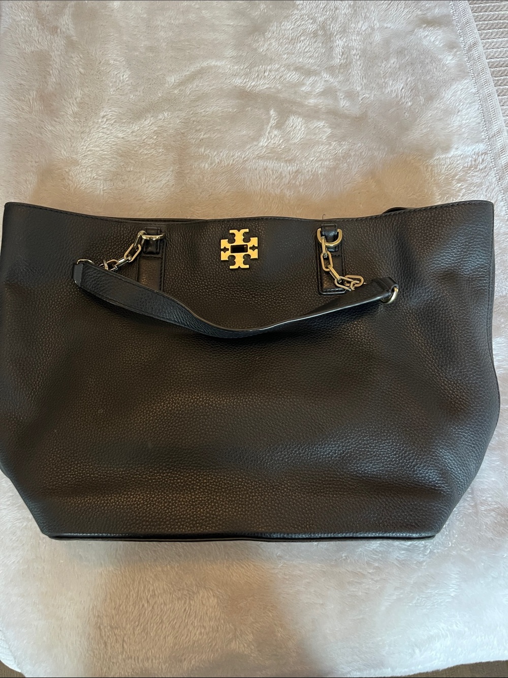 Tory Burch Black Pebbled Leather Tote with Gold Logo
